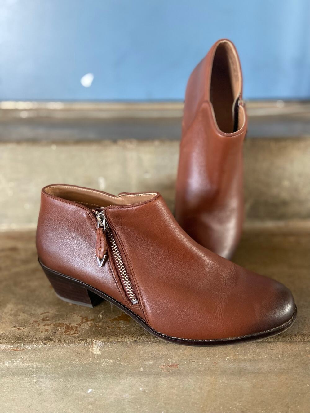 Vionic Jolene brown ankle boot with side zipper and burnished toe